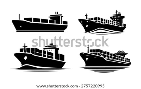 vector set silhouette logo of cargo container ship or expedition service (black)