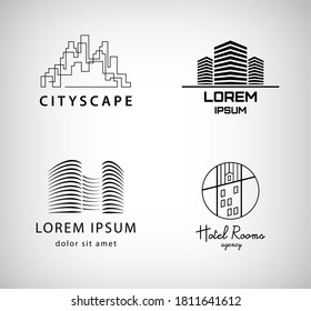 Conjunto de vectores de silueta de la ciudad, arquitectura, edificio de oficinas, inmueble. Negro y blanco