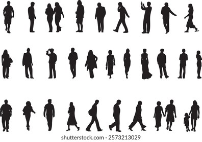 Vector set silhouette of man and woman, group of people standing and active, walking, black color isolated on white background.