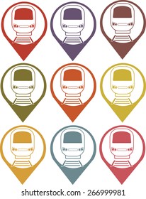 vector set silhouette modern express train front on symbol map point different colors