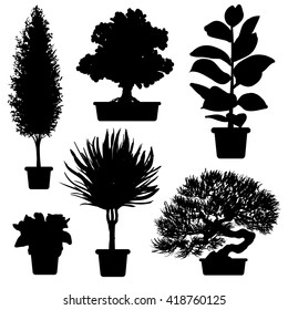 Vector set of silhouette plants and flowers in pot. Black and white illustration of plants