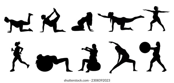 Vector set silhouette of pregnant women. Pregnancy yoga poses silhouette isolated vector design