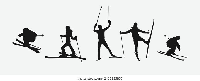 Vector set silhouette of ski. Winter sport, extreme sport concept. Isolated background. Vector illustration.