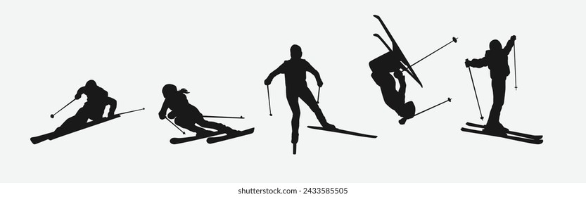 Vector set silhouette of ski. Winter sport, extreme sport concept. Isolated background. Vector illustration.