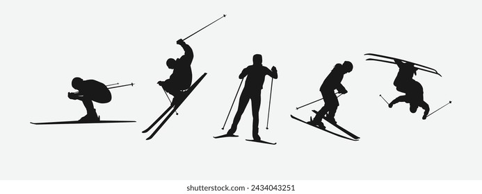 Vektor-Set Silhouette des Skis. Wintersport, Extremsportkonzept. Isolierter Hintergrund. Vektorgrafik.