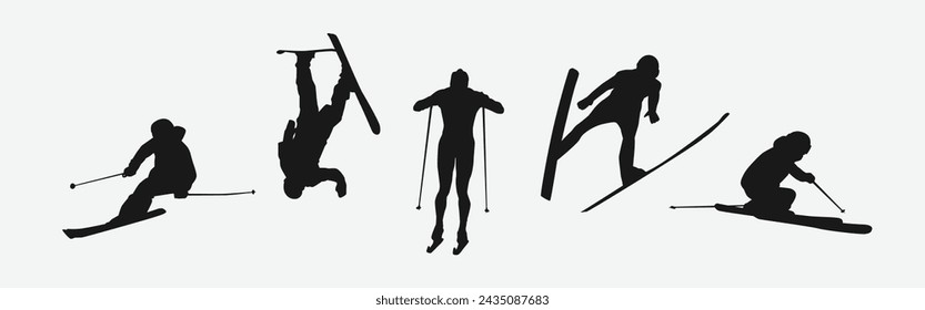 Vector set silhouette of ski. Winter sport, extreme sport concept. Isolated background. Vector illustration.