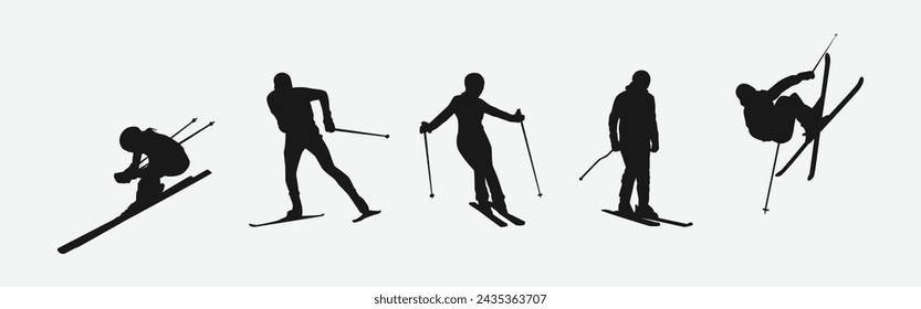 Vector set silhouette of ski. Winter sport, extreme sport concept. Isolated background. Vector illustration.