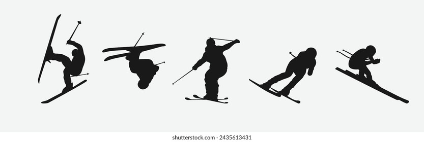 Vector conjunto silueta de esquí. Deporte de invierno, concepto de deporte extremo. Fondo aislado. Ilustración vectorial.