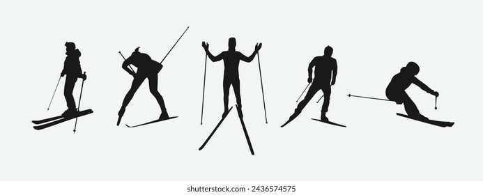 Vector set silhouette of ski. Winter sport, extreme sport concept. Isolated background. Vector illustration.