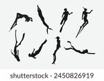 Vector set silhouette of Snorkeling, free diving. Swimming, extreme sport concept. Isolated background. Vector illustration.