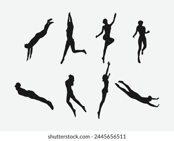 Vector conjunto silueta de Snorkeling, buceo libre. Natación, concepto de deporte extremo. Fondo aislado. Ilustración vectorial.