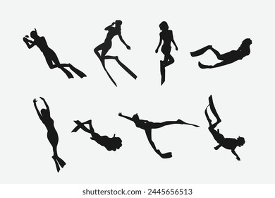 Vector set silhouette of Snorkeling, free diving. Swimming, extreme sport concept. Isolated background. Vector illustration.