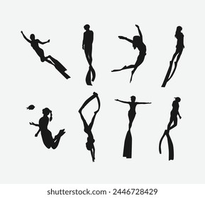 Vector set silhouette of Snorkeling, free diving. Swimming, extreme sport concept. Isolated background. Vector illustration.