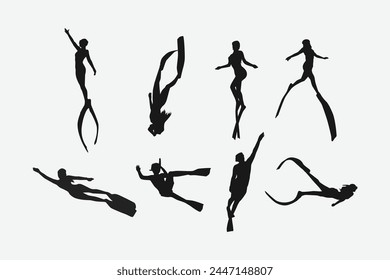 Vector set silhouette of Snorkeling, free diving. Swimming, extreme sport concept. Isolated background. Vector illustration.