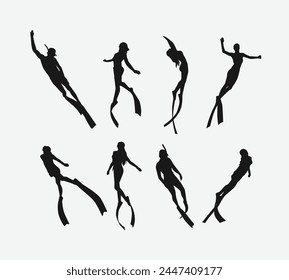 Vector set silhouette of Snorkeling, free diving. Swimming, extreme sport concept. Isolated background. Vector illustration.