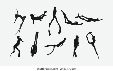 Vector set silhouette of Snorkeling, free diving. Swimming, extreme sport concept. Isolated background. Vector illustration.