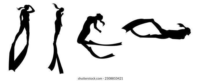 Vector set silhouette of Snorkeling, free diving, Isolated background. Vector illustration.