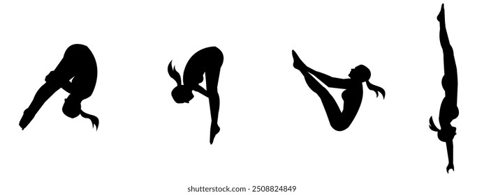 Vector set silhouette of swimming. Artistic swimming, water sport, diving. Isolated background. Vector illustration.