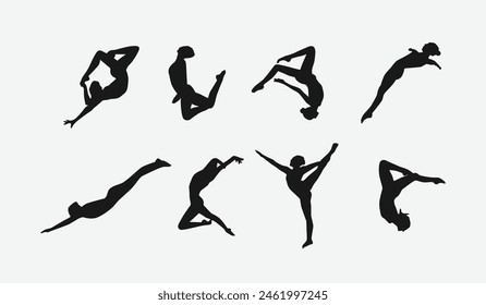 Vector set silhouette of synchronized swimming. Artistic swimming, water sport. Isolated background. Vector illustration.