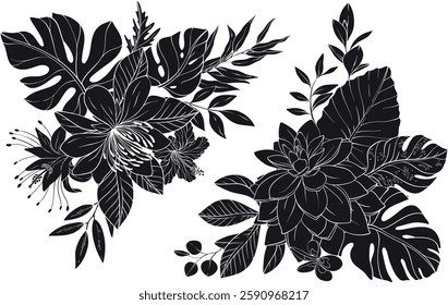 Vector set of silhouette tropical flowers arranged with leaves for a lively composition