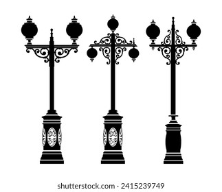 Silueta del conjunto vectorial de la lámpara de calle retro decorativa vintage