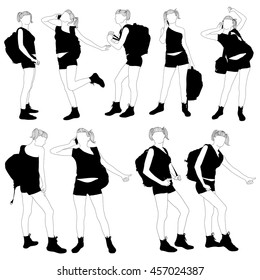Vector set of silhouette of woman with backpack. Pose of the tourist, traveler, travel woman hitchhiking.