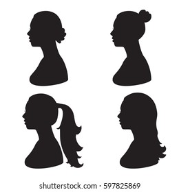 Vector set silhouette of woman head. Black illustration of side view of face. Isolated on white background.