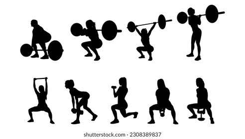 Vector set Silhouette of women squat exercises workout. Women squat exercises with dumbbell and barbell silhouette isolated vector design