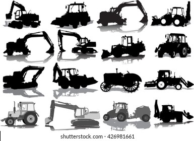 Vector set from silhouettes of 16 tractors