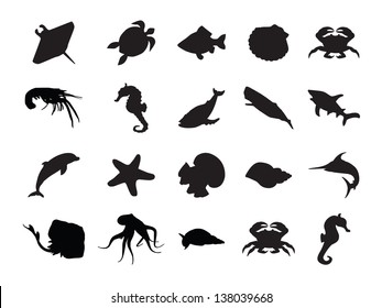 Vector set of silhouettes of 20 marine animals on a white background