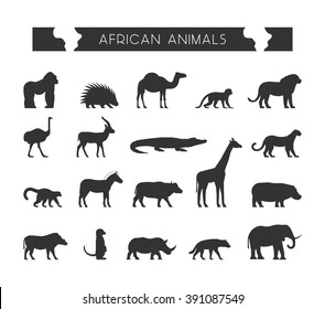 Vector set of silhouettes of African animals. Vector lion, leopard, monkey and crocodile.