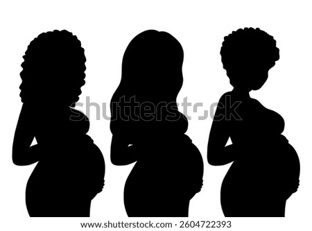 Vector set of silhouettes of African pregnant women isolated from background. Clip arts collection of healthy Black pregnant women shadow for card and sticker.