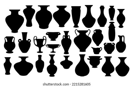 Vector set  silhouettes of ancient amphorae and vases. Greece icon collection. Isolated illustration on white background