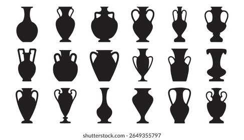 Silhuetas de conjuntos vetoriais de ânforas e vasos antigos. Coleção de ícones da Grécia. Vaso clássico Silhuetas conjunto de vasos de silhueta preta, em vários estilos, ilustração isolada sobre fundo branco