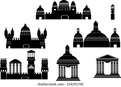 Vector set of silhouettes of ancient palaces