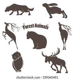 vector set of silhouettes of animals living in the forest