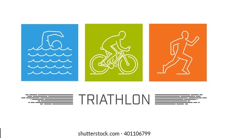 Vector set of silhouettes of athlete. Outline figure triathlete. Stylish logo for triathlon on white background. Modern vector symbol for triathlon.