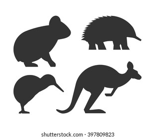 Vector set of silhouettes australian animals. Black icon koalas, kangaroos, echidnas and kiwi.