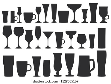 Vector set of silhouettes of bar glasses for drinks in a flat style on white background. Dishes for restaurants, cafes, bars and home use.