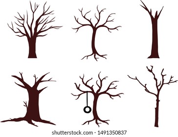 vector set of silhouettes of bare trees.