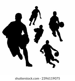Vector set of silhouettes of Basketball players, various scenes of dribbling ,jumping, defense, etc