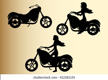 Vector set with silhouettes of bikes and girls on motorcycles, handdrawn on an old grey paper