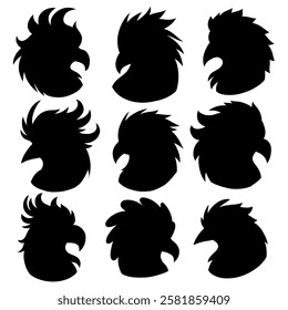 Vector set of silhouettes of bird heads isolated from background. Collection of black shadows of ravens and parrots for icons and infographics.