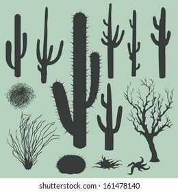 vector set of Silhouettes of cacti and other desert plants