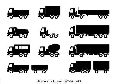 Vector set of silhouettes the cargo trucks.