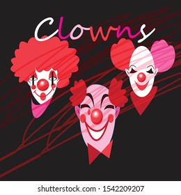 Vector set silhouettes of clown masks on dark background