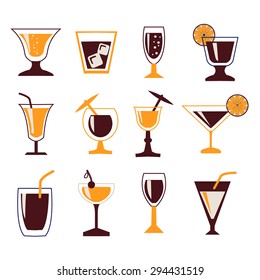 vector set silhouettes of Cocktail glasses. Drinks icon set
