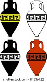 Vector set of  silhouettes (contour) of ancient amphora (vase) with traditional Greek abstract meander pattern - isolated illustration on white background