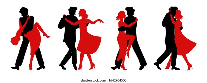 Vector set of silhouettes of couples dancing tango. Black silhouette of a man and red silhouette of a woman. Passionate girl and handsome man in four versions of the dance