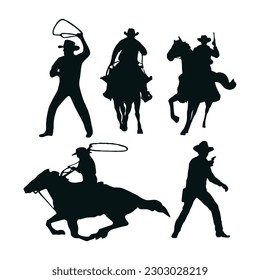 Conjunto vectorial de siluetas de vaqueros. Sombras del pueblo de América. Hombres con armas y lazo a caballo.